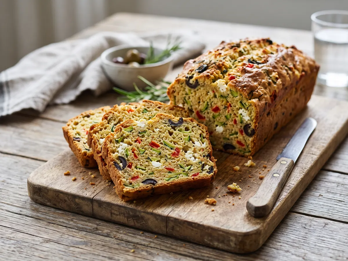 Vegetarian savoury cake with courgette, pepper and feta