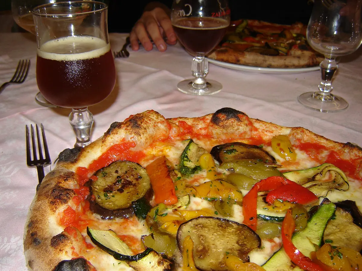 Vegetarian pizza with grilled vegetables and homemade dough